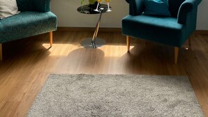 Een kamer met twee smaragdgroene fauteuils, een kleine tafel met een vaas en twee glazen, en uitzicht op een tuin met rode bloemen door een raam.