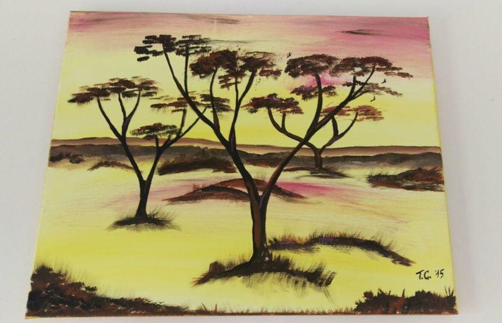 A painting of a landscape with trees and a sunset.