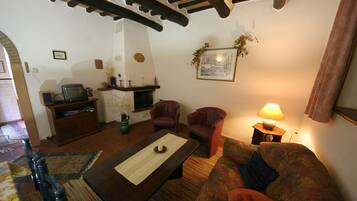 Télévision, cheminée, table de tennis de table, livres