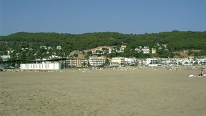 Een strand met gebouwen op de achtergrond en een heuvel begroeid met groen.