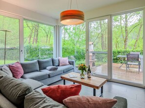 Älytelevisio, takka, DVD-soitin, kirjoja