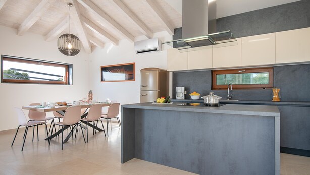 Une cuisine moderne dotée d’un îlot central, d’appareils électroménagers intégrés et de grandes fenêtres.
