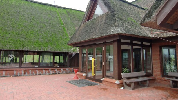 A building with a green roof, a wooden structure with glass doors, and a brick patio with benches. - Cozy apartment - incl. Beach chair Apr-Sep, small and quiet residential complex (Dornumersiel)