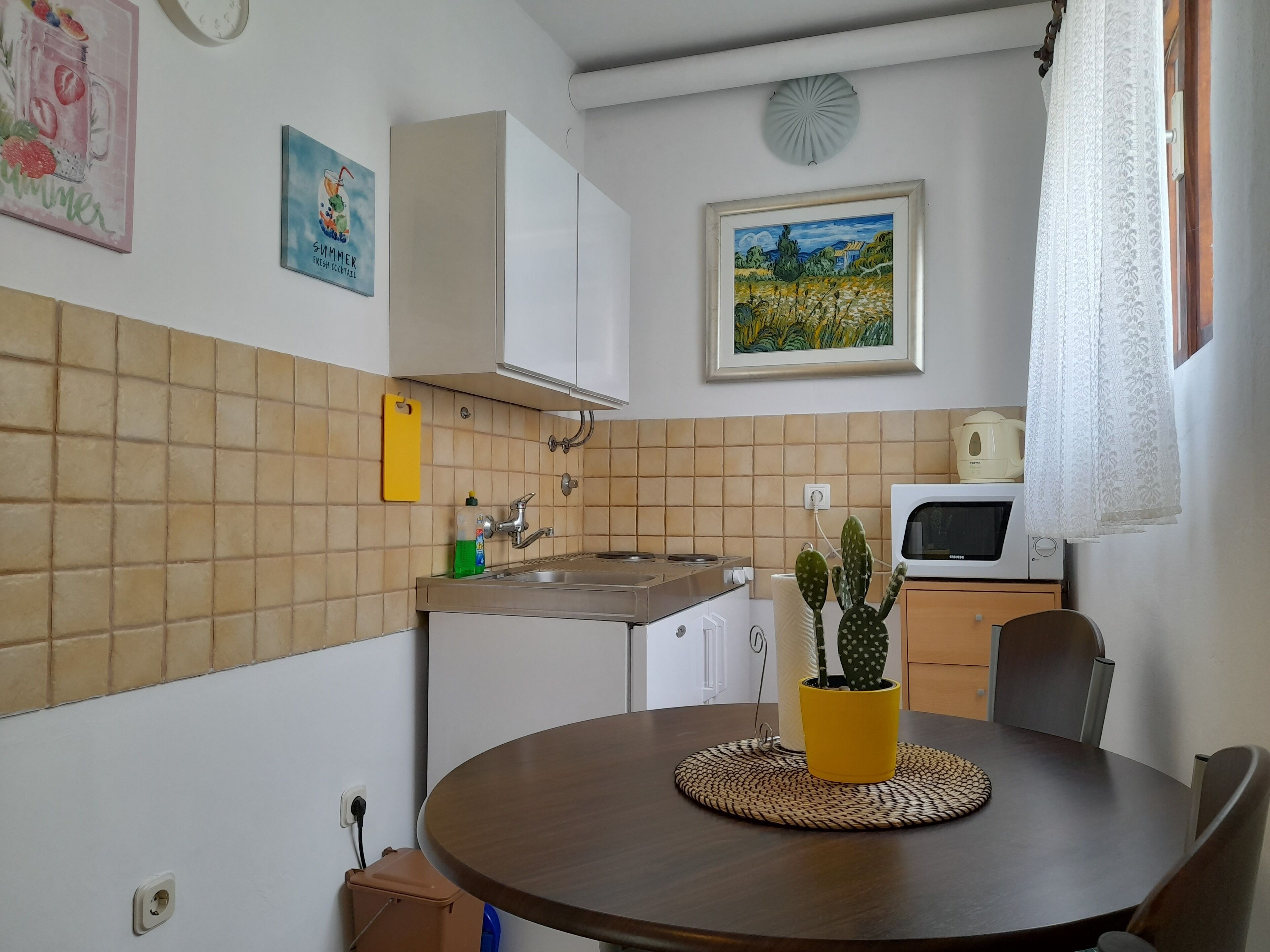 A kitchen with a sink, stove, microwave, and a dining table with a cactus centerpiece.