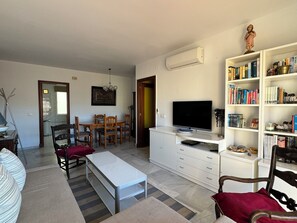 Smart TV, DVD player, books, music library