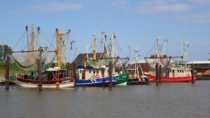 Uma fileira de barcos de pesca atracados em um porto, com mastros e redes.