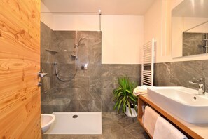 Shower, hair dryer, bidet, towels