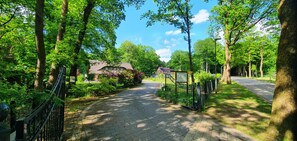 A paved pathway flanked by trees and a building with a signboard. - Vacation apartment at Höpen - Lüneburg Heath (Schneverdingen)