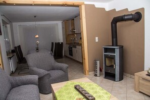 TV connectée, cheminée, lecteur de DVD, livres