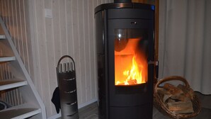 Una estufa de leña moderna con puerta de cristal, un colector de ceniza metálico y una cesta de leña.