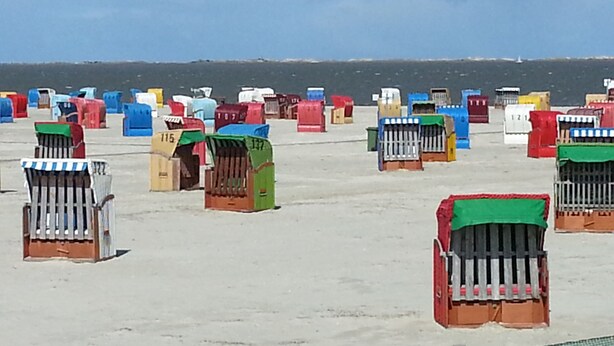 Une plage où de nombreuses chaises de plage colorées sont disposées en rangées.