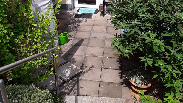 Een woonhuis met een verhard pad dat naar een garage leidt, omringd door diverse planten en een metalen hekwerk.