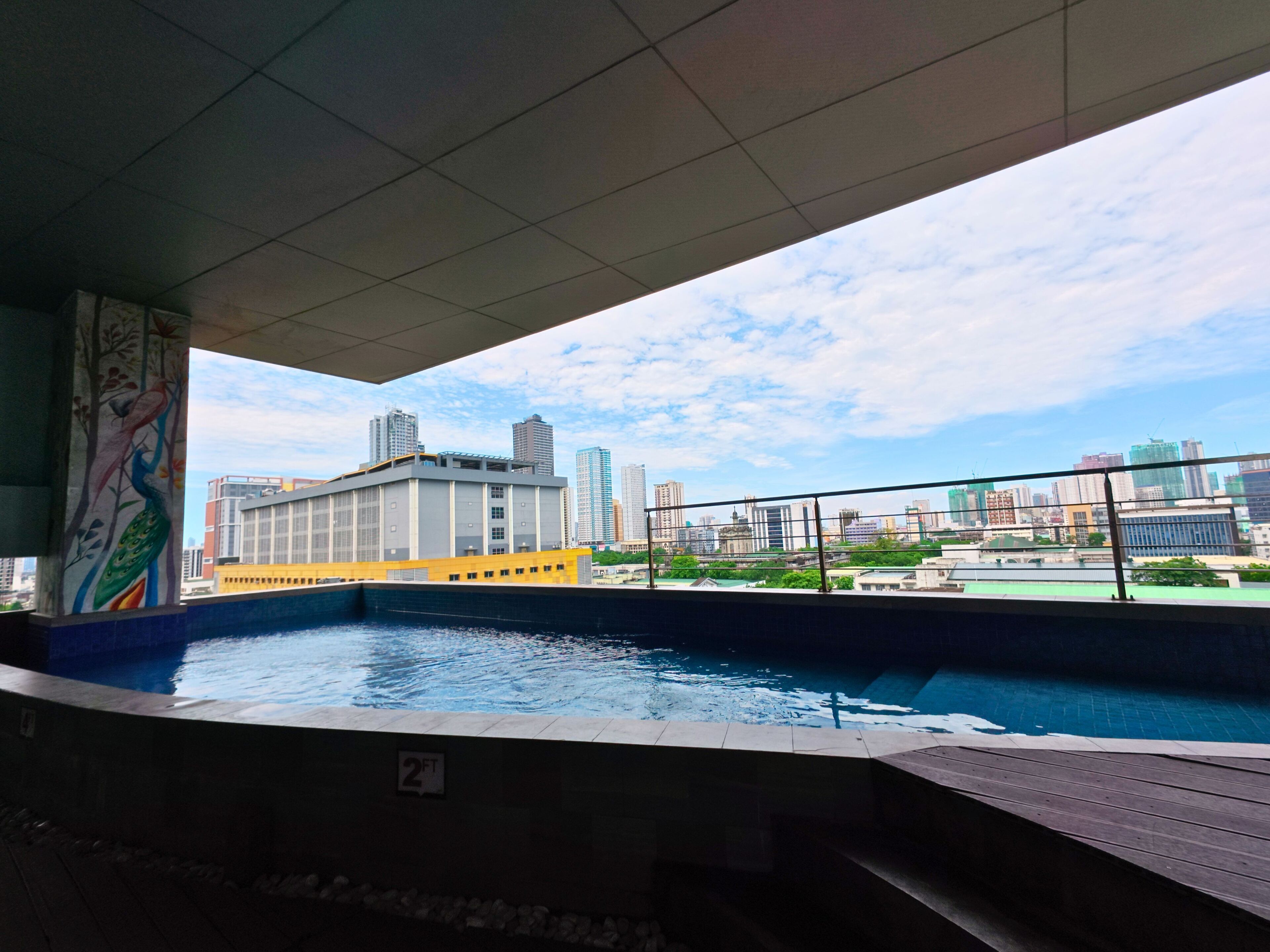 A rooftop pool with a view of a cityscape, including high-rise buildings and a mural on the wall.
