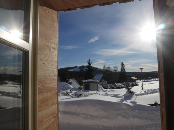 A wooden-framed window with a view of a snowy landscape, including a house and trees.