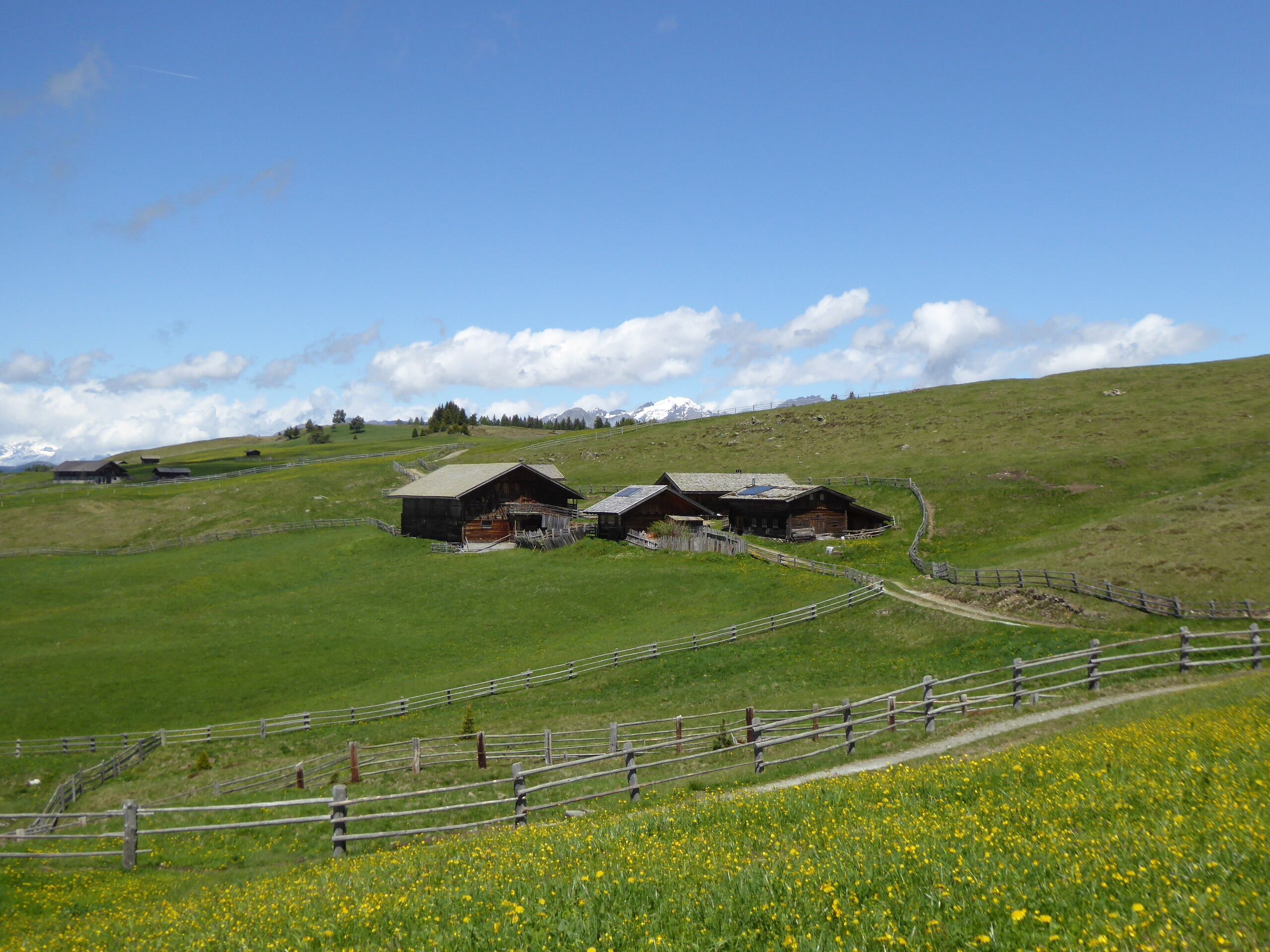 Een landelijk landschap met een omheind perceel, groene velden en een heldere lucht.