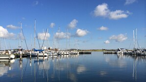 A marina with multiple sailboats docked at calm water.
