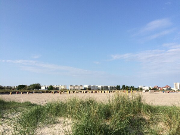 A beach with a row of buildings in the background.