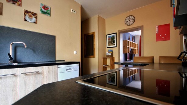A modern kitchen with a black countertop, a built-in dishwasher, and a stainless steel sink. - Vacation apartment for 4 max. 5 persons in Arnstadt. Wallbox 0.59 KW (Arnstadt)