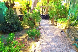 Stroll through a serene garden, surrounded by lush greenery and a natural stone pathway.