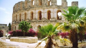 Une structure historique en pierre, dotée de plusieurs arcades et d’une cour circulaire agrémentée de palmiers et de plantes à fleurs.
