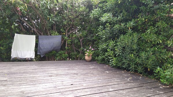 A wooden deck with a hanging laundry rack and a potted plant.