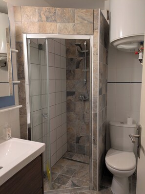 Regadera, secadora de cabello, papel de baño