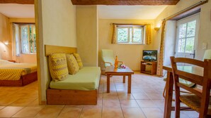 A cozy room with a bed, a sofa, a TV, and a dining table. - Le Jas, charming Mas in Provence with shared pool, nature, calm, space (Flayosc)
