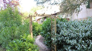 A garden path leading through a wooden arbor with climbing plants. - Le Jas, charming Mas in Provence with shared pool, nature, calm, space (Flayosc)