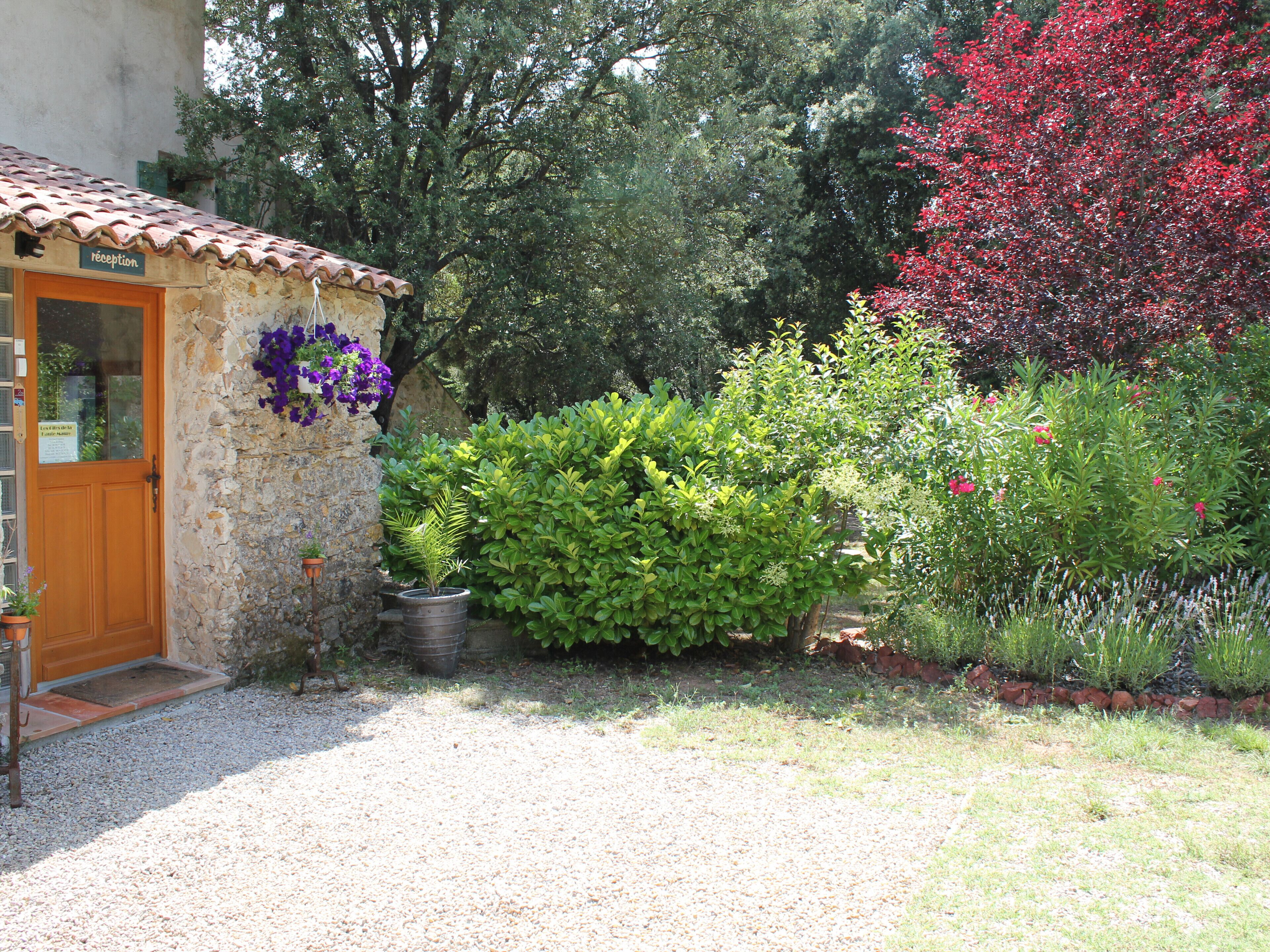 Un bâtiment en pierre doté d’un espace d’accueil, entouré d’une allée gravillonnée et agrémenté de diverses plantes et arbustes.