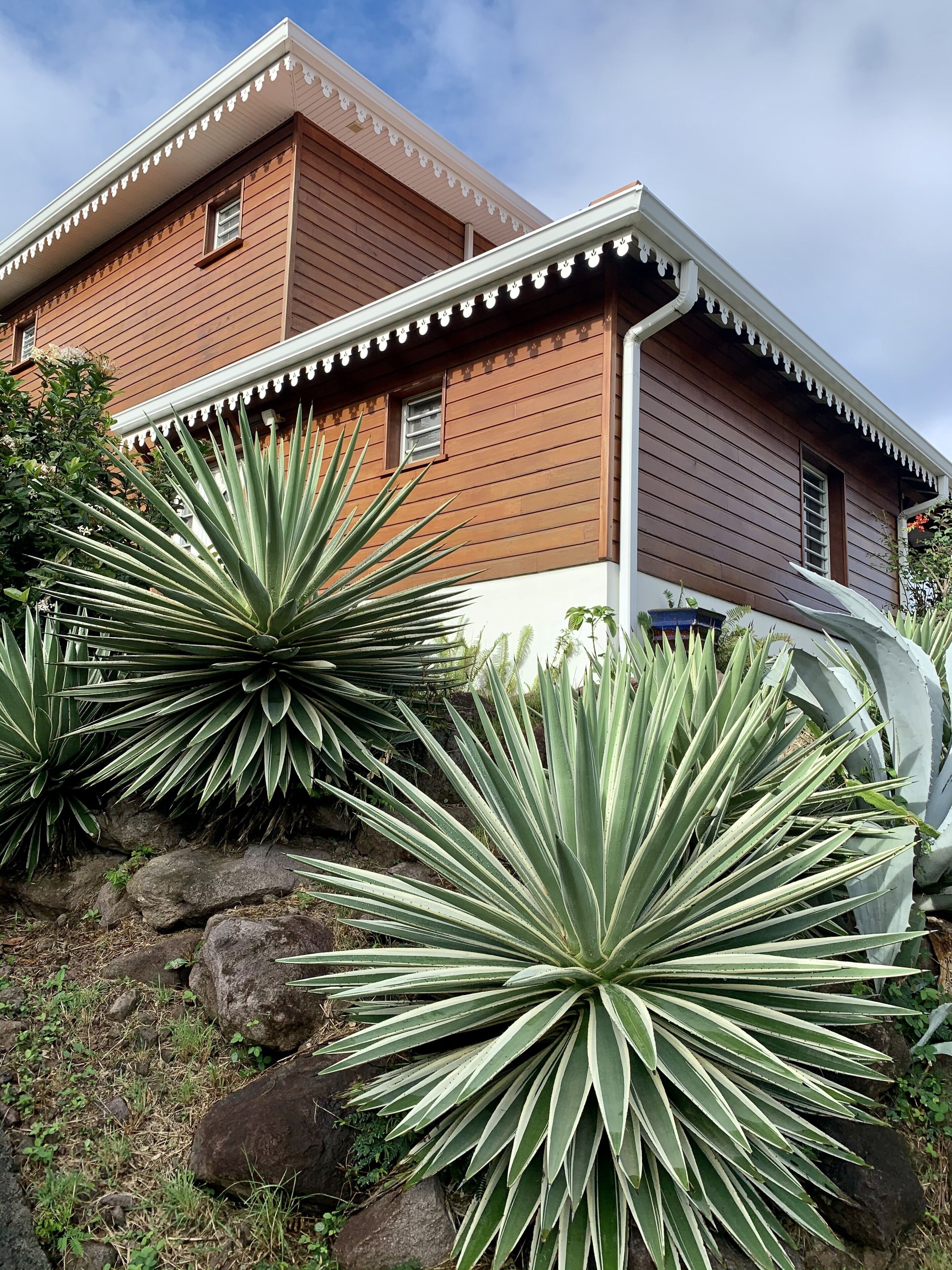 Une maison à l’extérieur brun et aux bordures blanches, entourée de grands plants d’agave.