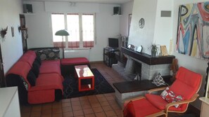 TV, fireplace, DVD player, books