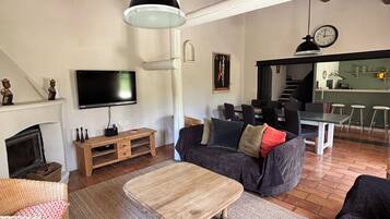 Tv, eldstad, ett bordtennisbord och böcker