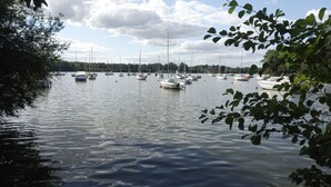 A marina with multiple boats docked.