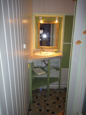 Shower, hair dryer, soap, toilet paper
