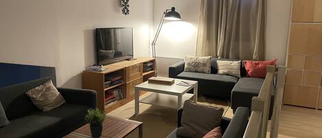 Una sala de estar moderna con un sofá, una mesa de centro, un televisor y una estantería.