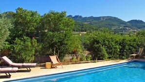 Ein Pool mit Liegestühlen und Blick auf grüne Hügel im Hintergrund.
