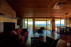 Télévision, cheminée, lecteur de DVD, livres