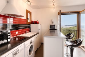 Eine kompakte Küche mit Waschmaschine, Mikrowelle und Toaster. Ein Fenster bietet Blick ins Freie.