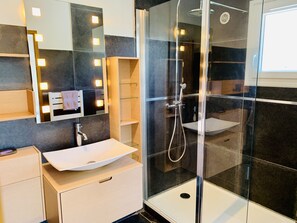 Combined shower/bathtub, hair dryer, soap, toilet paper