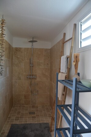 Chuveiro, secador de cabelo, toalhas de banho, sabonete