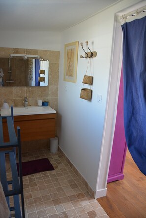 Shower, hair dryer, towels, soap