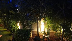 A garden with trees and a pathway leading to a building.