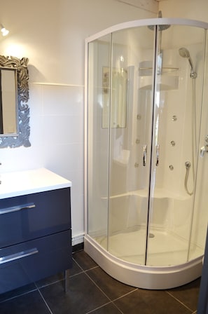 Shower, hair dryer, towels, soap