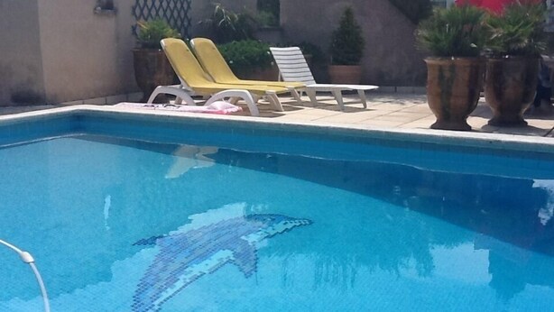 Una piscina con diseño de mosaico de delfín, sillones reclinables amarillos y blancos, y plantas en macetas.