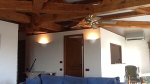 Una habitación con techo de madera, sofá azul, puerta de madera y aire acondicionado de pared.