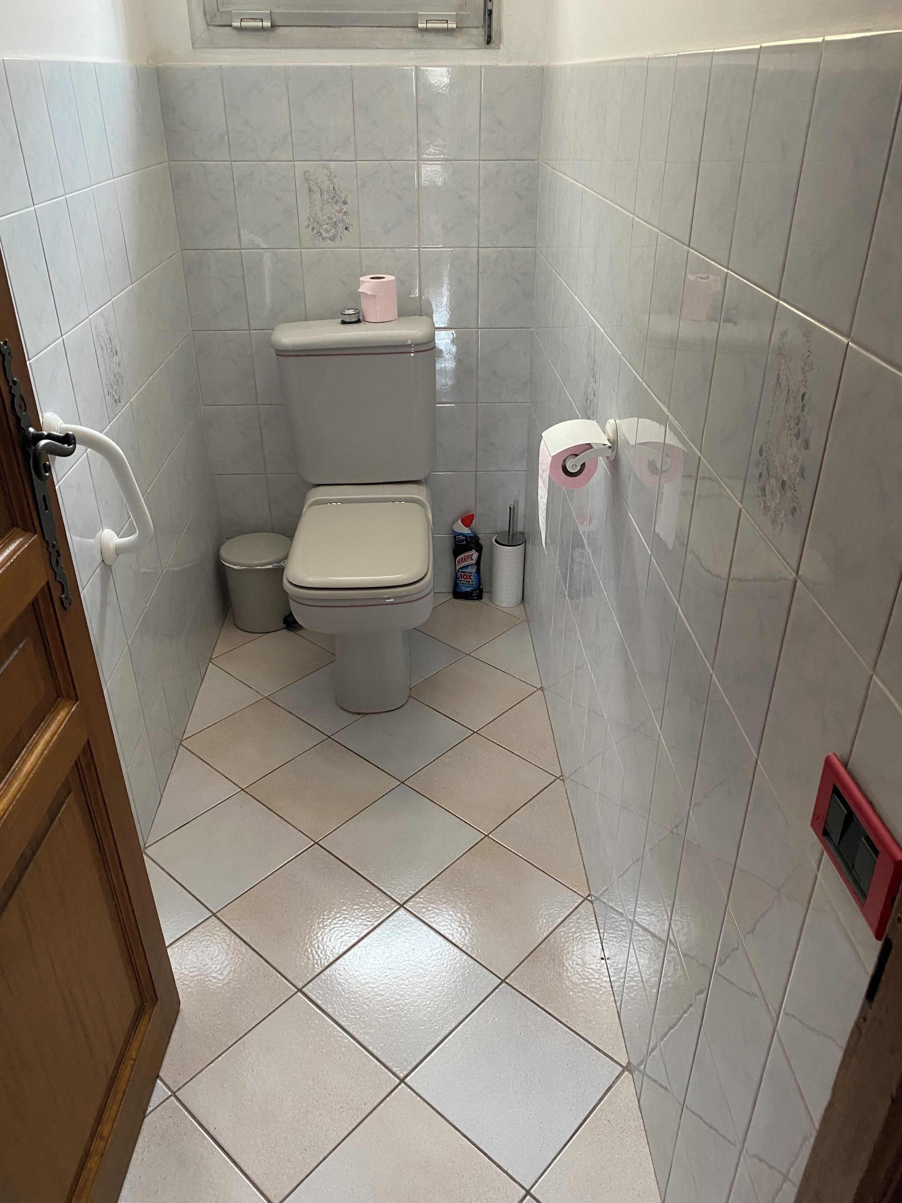 A small, tiled bathroom with a toilet, a trash bin, a toilet paper holder, and a bottle of cleaning product.