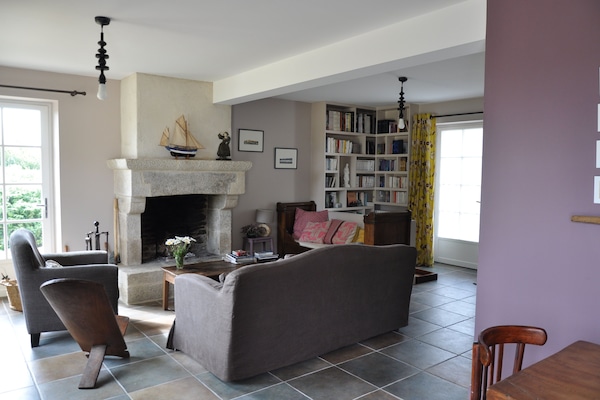 Salon avec cheminée en pierre ( bois non inclus)