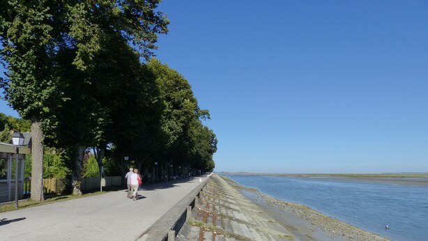 A paved walkway alongside a body of water, with trees and a lamp post. - Very nice apartment, luxury residence, garage, WIFI, 2 free bicycles. (Saint-Valery-Sur-Somme)