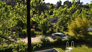 Vista dalla finestra su un giardino con piscina, una scala e un'auto parcheggiata.