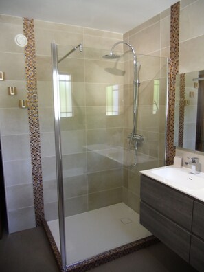Combined shower/tub, hair dryer, bidet, towels